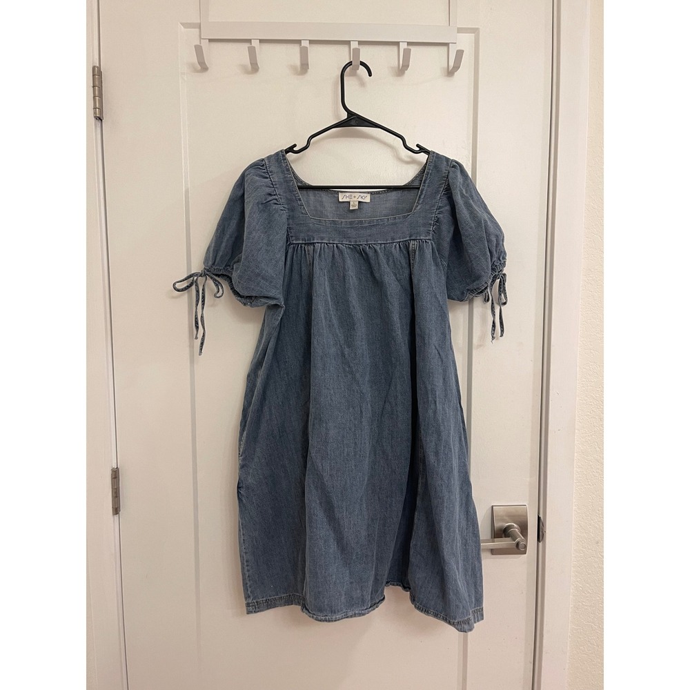 Babydoll Denim Mini Dress Bow Tye Sleeves Coquette 90s Style Western - Picture 2 of 6